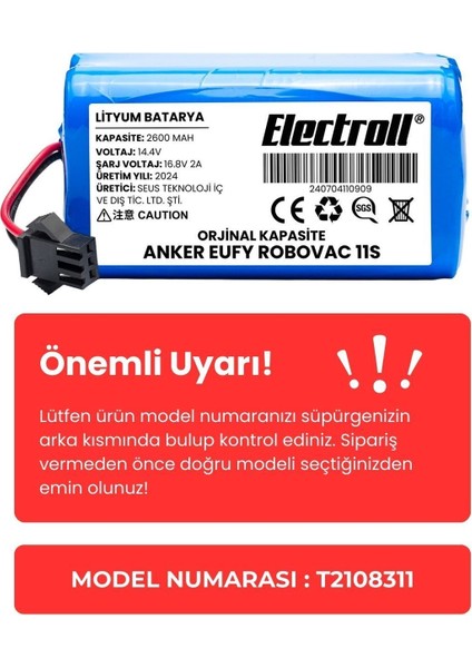 Anker Eufy Robovac 11s Batarya (ORJİNAL KAPASİTE) Naccon 14.4v 2600mah Akıllı Robot Süpürge Pili