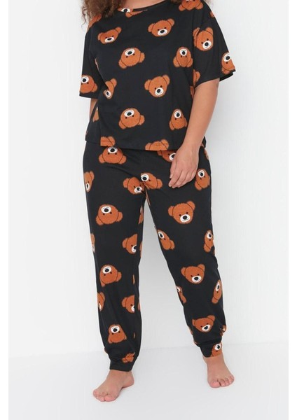 Büyük Beden Kadın Pamuklu Bisiklet Yaka Kısa Kol Ayıcık Desenli Örme Pijama Takımı fiyatları