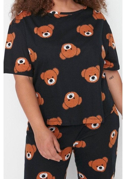 Büyük Beden Kadın Pamuklu Bisiklet Yaka Kısa Kol Ayıcık Desenli Örme Pijama Takımı fırsatları