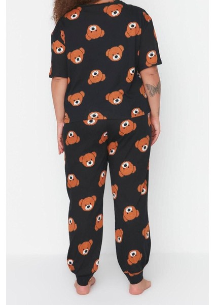 Büyük Beden Kadın Pamuklu Bisiklet Yaka Kısa Kol Ayıcık Desenli Örme Pijama Takımı indirimleri