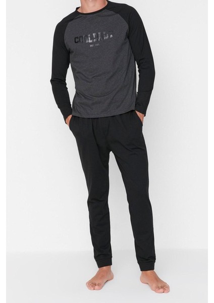 Erkek Pamuk Polyester Bisiklet Yaka Uzun Kol Siyah Baskılı Reglan Kol Örme Pijama Takımı