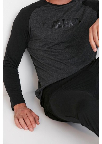 Erkek Pamuk Polyester Bisiklet Yaka Uzun Kol Siyah Baskılı Reglan Kol Örme Pijama Takımı