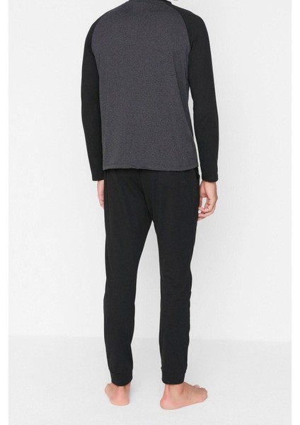 Erkek Pamuk Polyester Bisiklet Yaka Uzun Kol Siyah Baskılı Reglan Kol Örme Pijama Takımı