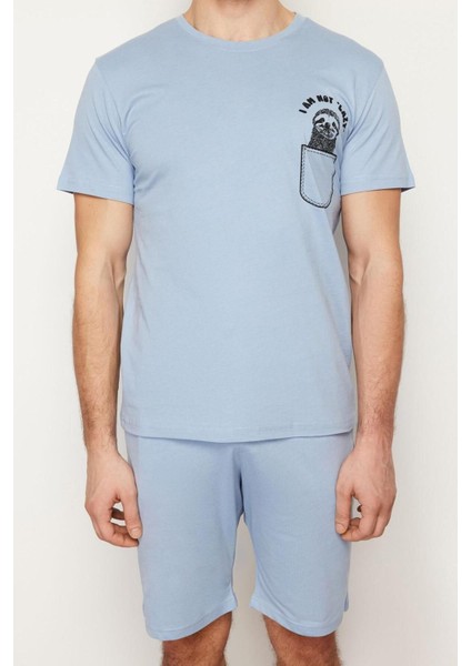 Erkek Pamuk Bisiklet Yaka Kısa Kol Baskılı Regular Fit Örme Yazlık Şortlu Pijama Takımı