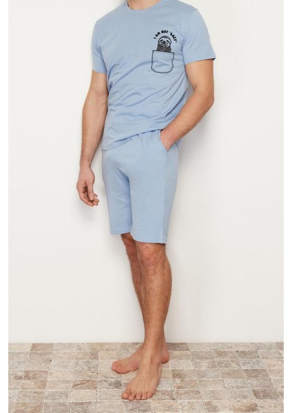 Erkek Pamuk Bisiklet Yaka Kısa Kol Baskılı Regular Fit Örme Yazlık Şortlu Pijama Takımı