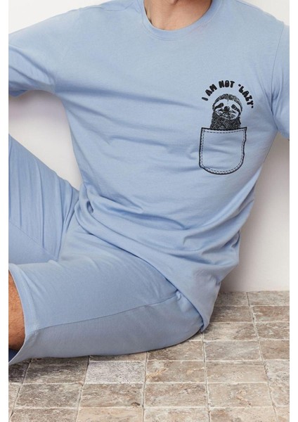Erkek Pamuk Bisiklet Yaka Kısa Kol Baskılı Regular Fit Örme Yazlık Şortlu Pijama Takımı