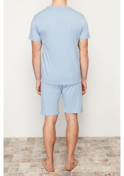 Erkek Pamuk Bisiklet Yaka Kısa Kol Baskılı Regular Fit Örme Yazlık Şortlu Pijama Takımı
