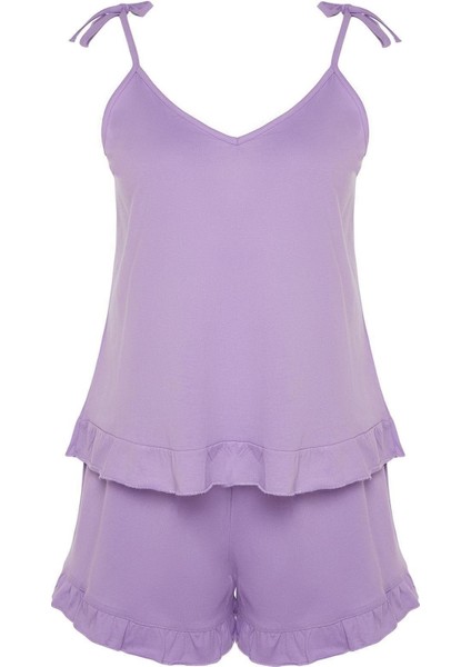 Büyük Beden Kadın Pamuklu V Yaka Askılı Kol Askılı Örme Fırfır Detaylı Pijama Takımı