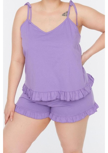 Büyük Beden Kadın Pamuklu V Yaka Askılı Kol Askılı Örme Fırfır Detaylı Pijama Takımı fiyatları
