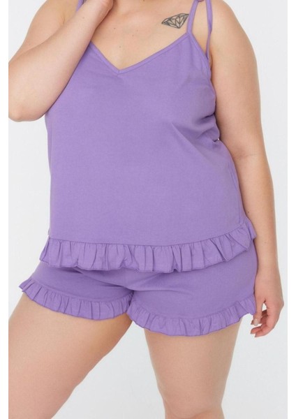 Büyük Beden Kadın Pamuklu V Yaka Askılı Kol Askılı Örme Fırfır Detaylı Pijama Takımı modelleri