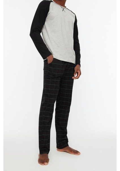 Erkek Pamuklu Bisiklet Yaka Uzun Kol Ekose Örme Pijama Takımı