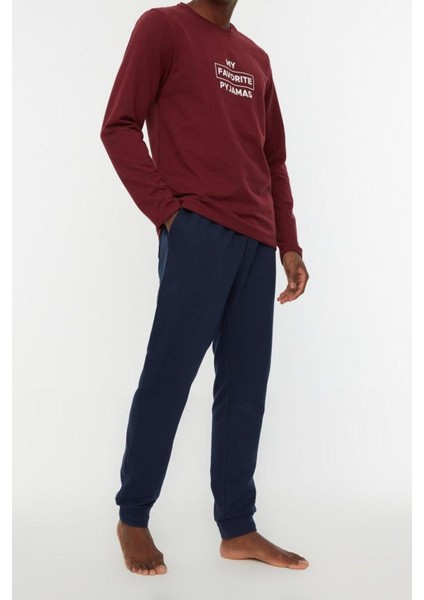Erkek Polyester Bisiklet Yaka Uzun Kol Regular Fit Baskılı Pijama Takımı