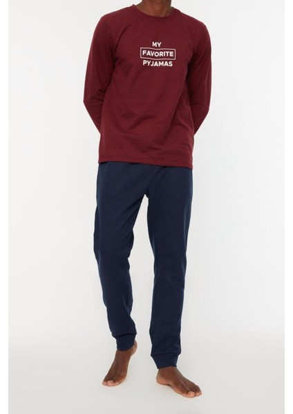 Erkek Polyester Bisiklet Yaka Uzun Kol Regular Fit Baskılı Pijama Takımı