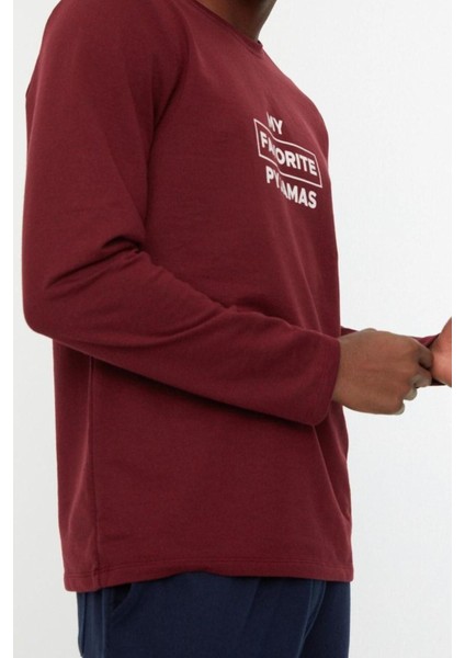 Erkek Polyester Bisiklet Yaka Uzun Kol Regular Fit Baskılı Pijama Takımı