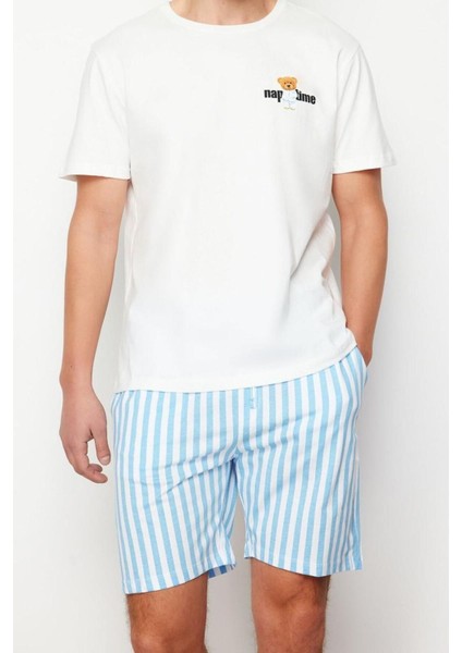 Erkek Pamuk Bisiklet Yaka Kısa Kol Mavi Çizgili Regular Fit Couple Örme Şortlu Pijama Takımı