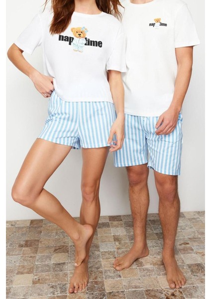 Erkek Pamuk Bisiklet Yaka Kısa Kol Mavi Çizgili Regular Fit Couple Örme Şortlu Pijama Takımı