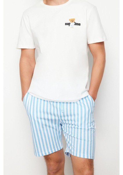Erkek Pamuk Bisiklet Yaka Kısa Kol Mavi Çizgili Regular Fit Couple Örme Şortlu Pijama Takımı