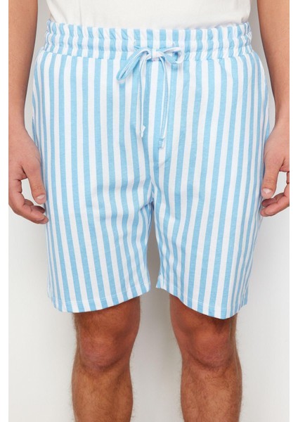 Erkek Pamuk Bisiklet Yaka Kısa Kol Mavi Çizgili Regular Fit Couple Örme Şortlu Pijama Takımı