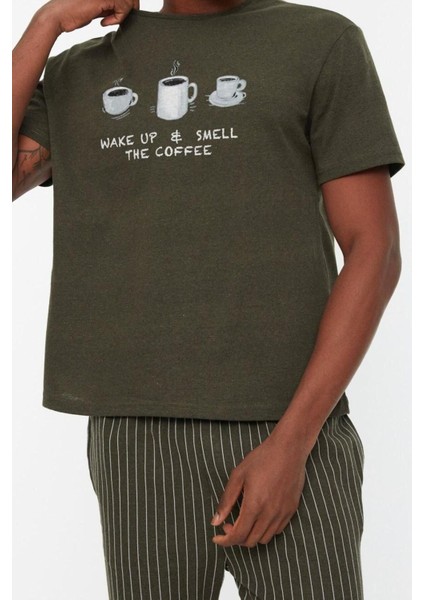 Erkek Pamuklu Bisiklet Yaka Kısa Kol Baskılı Pijama Takımı