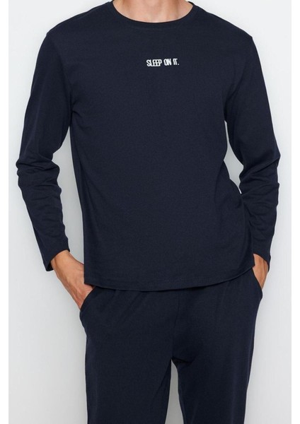 Erkek Polyester Bisiklet Yaka Uzun Kol Baskılı Örme Pijama Takımı