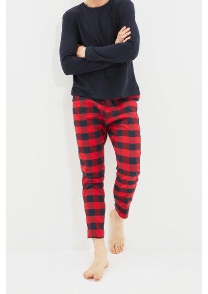 Erkek Pamuklu Bisiklet Yaka Uzun Kol Ekose Pijama Takımı