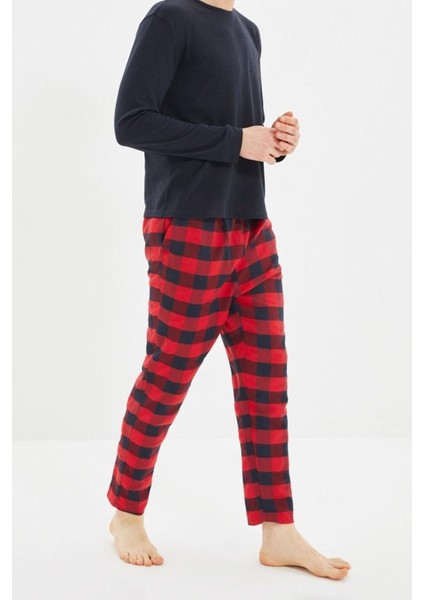 Erkek Pamuklu Bisiklet Yaka Uzun Kol Ekose Pijama Takımı