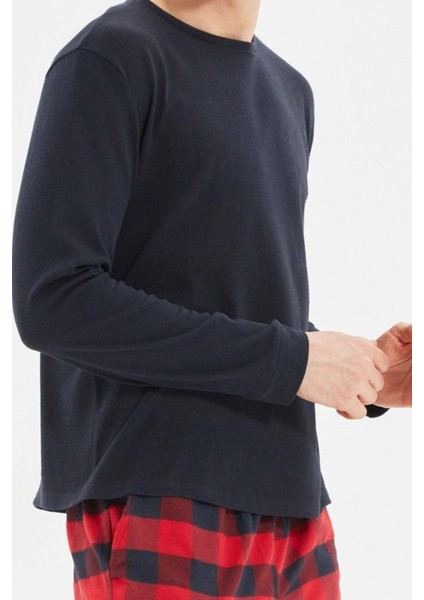 Erkek Pamuklu Bisiklet Yaka Uzun Kol Ekose Pijama Takımı