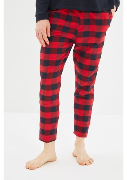 Erkek Pamuklu Bisiklet Yaka Uzun Kol Ekose Pijama Takımı