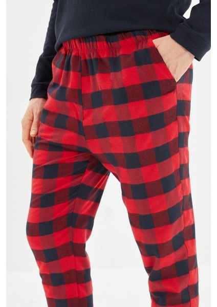Erkek Pamuklu Bisiklet Yaka Uzun Kol Ekose Pijama Takımı