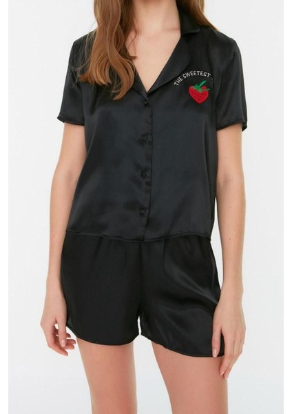 Kadın Polyester Ceket Yaka Kısa Kol Nakışlı Saten Gömlek-Şort Dokuma Pijama Takımı