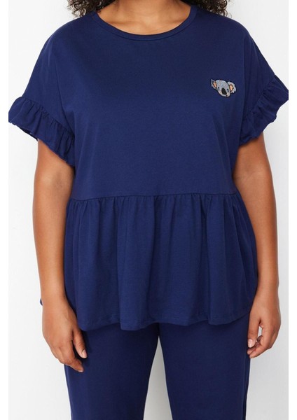 Büyük Beden Kadın Polyester Karışımlı Bisiklet Yaka Kısa Kol Örme Nakışlı Volanlı Pijama Takımı