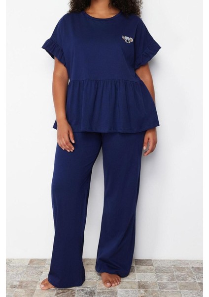 Büyük Beden Kadın Polyester Karışımlı Bisiklet Yaka Kısa Kol Örme Nakışlı Volanlı Pijama Takımı fiyatları