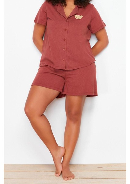 Büyük Beden Kadın Pamuklu Gömlek Yaka Kısa Kol Pamuklu Ayıcık Nakışlı Örme Pijama Takımı fiyatları