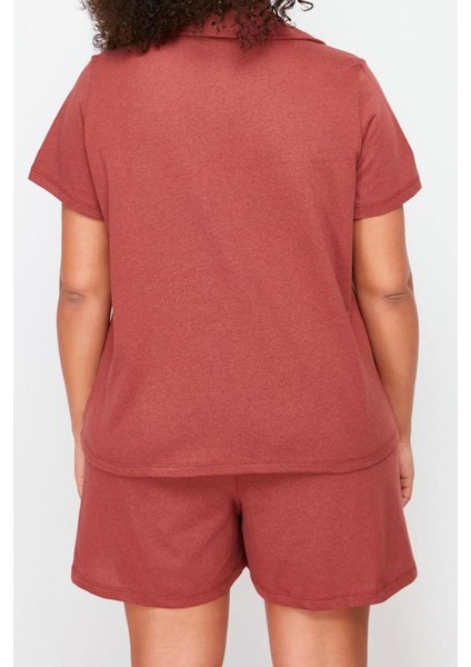 Büyük Beden Kadın Pamuklu Gömlek Yaka Kısa Kol Pamuklu Ayıcık Nakışlı Örme Pijama Takımı fırsatları
