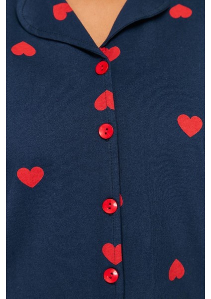Büyük Beden Kadın Pamuklu Gömlek Yaka Kısa Kol Kalp Desenli Örme Pijama Takımı