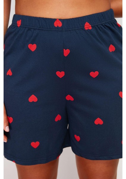 Büyük Beden Kadın Pamuklu Gömlek Yaka Kısa Kol Kalp Desenli Örme Pijama Takımı
