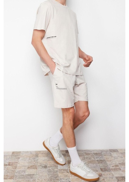 Erkek Pamuk Bisiklet Yaka Kısa Kol Slogan Baskılı Örme Şortlu Pijama Takımı