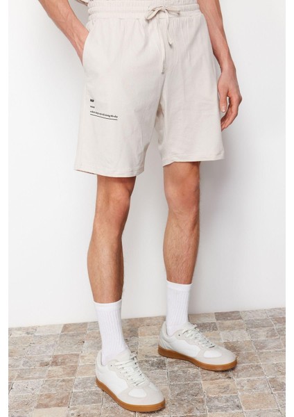 Erkek Pamuk Bisiklet Yaka Kısa Kol Slogan Baskılı Örme Şortlu Pijama Takımı