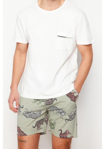 Erkek Pamuk Bisiklet Yaka Kısa Kol Regular Fit Hayvan Desenli Couple Örme Şortlu Pijama Takımı
