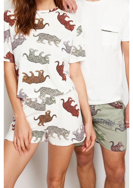 Erkek Pamuk Bisiklet Yaka Kısa Kol Regular Fit Hayvan Desenli Couple Örme Şortlu Pijama Takımı
