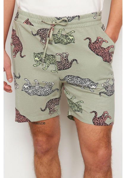 Erkek Pamuk Bisiklet Yaka Kısa Kol Regular Fit Hayvan Desenli Couple Örme Şortlu Pijama Takımı