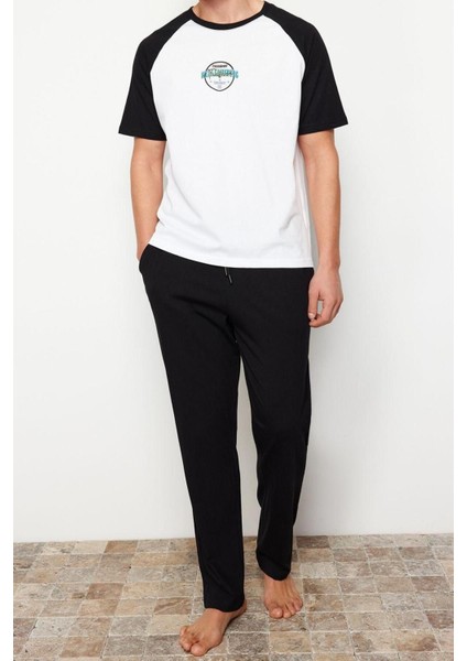 Erkek Pamuk Bisiklet Yaka Kısa Kol Baskılı Reglan Kol Regular Fit Örme Şortlu Pijama Takımı