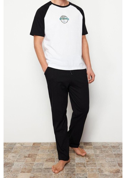 Erkek Pamuk Bisiklet Yaka Kısa Kol Baskılı Reglan Kol Regular Fit Örme Şortlu Pijama Takımı
