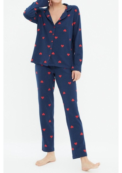 Kadın Pamuk Ceket Yaka Uzun Kol Pamuk Kalp Desenli Gömlek-Pantolon Örme Pijama Takımı