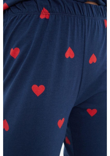 Kadın Pamuk Ceket Yaka Uzun Kol Pamuk Kalp Desenli Gömlek-Pantolon Örme Pijama Takımı