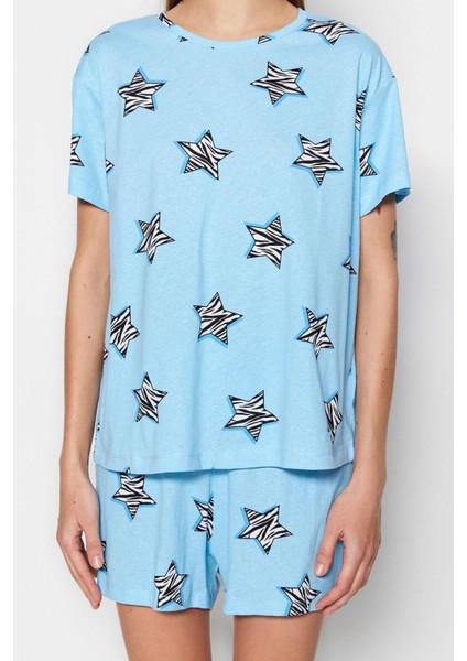 Kadın Pamuk Bisiklet Yaka Kısa Kol Pamuk Yıldız Desenli T-Shirt-Şort Örme Pijama Takımı