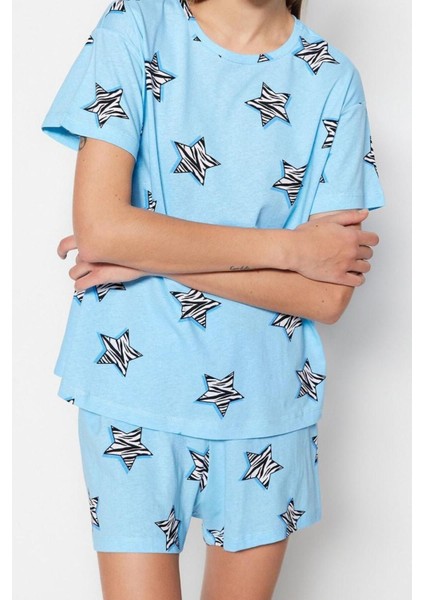 Kadın Pamuk Bisiklet Yaka Kısa Kol Pamuk Yıldız Desenli T-Shirt-Şort Örme Pijama Takımı