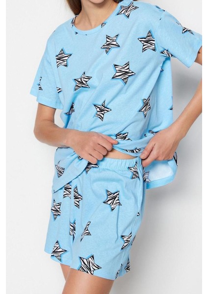Kadın Pamuk Bisiklet Yaka Kısa Kol Pamuk Yıldız Desenli T-Shirt-Şort Örme Pijama Takımı