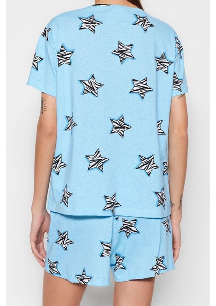 Kadın Pamuk Bisiklet Yaka Kısa Kol Pamuk Yıldız Desenli T-Shirt-Şort Örme Pijama Takımı