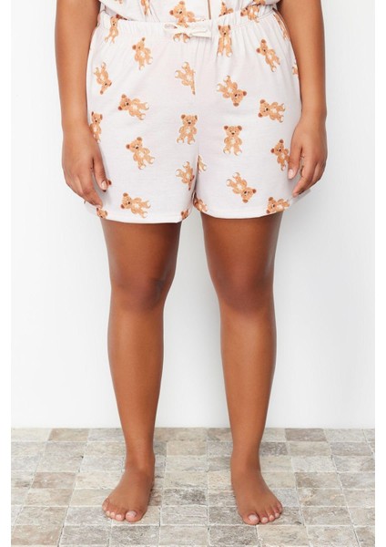 Büyük Beden Kadın Polyester Gömlek Yaka Kısa Kol Ayıcık Desenli Gömlek Yaka Örme Pijama Takımı indirimleri